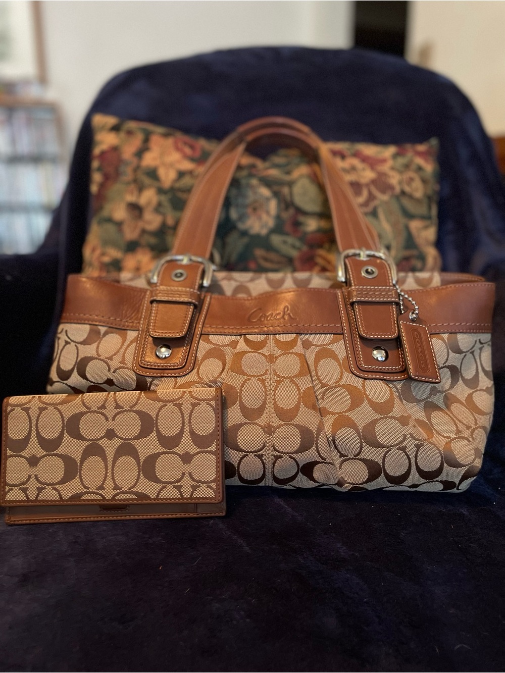 Coach Tan and Brown Signature Canvas Shoulder Bag with check book holder